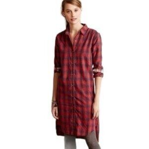 Artisan De Luxe Red Plaid Flannel Shirt Dress Button Front Tunic Size XS